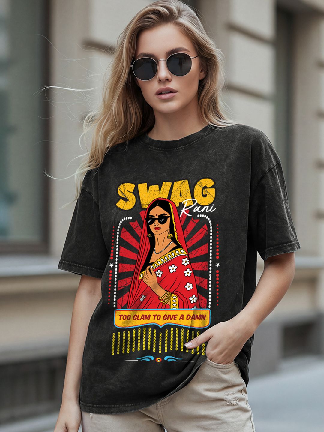 Buy Bewakoof Women Black Swag Rani Graphic Printed Oversized Acid