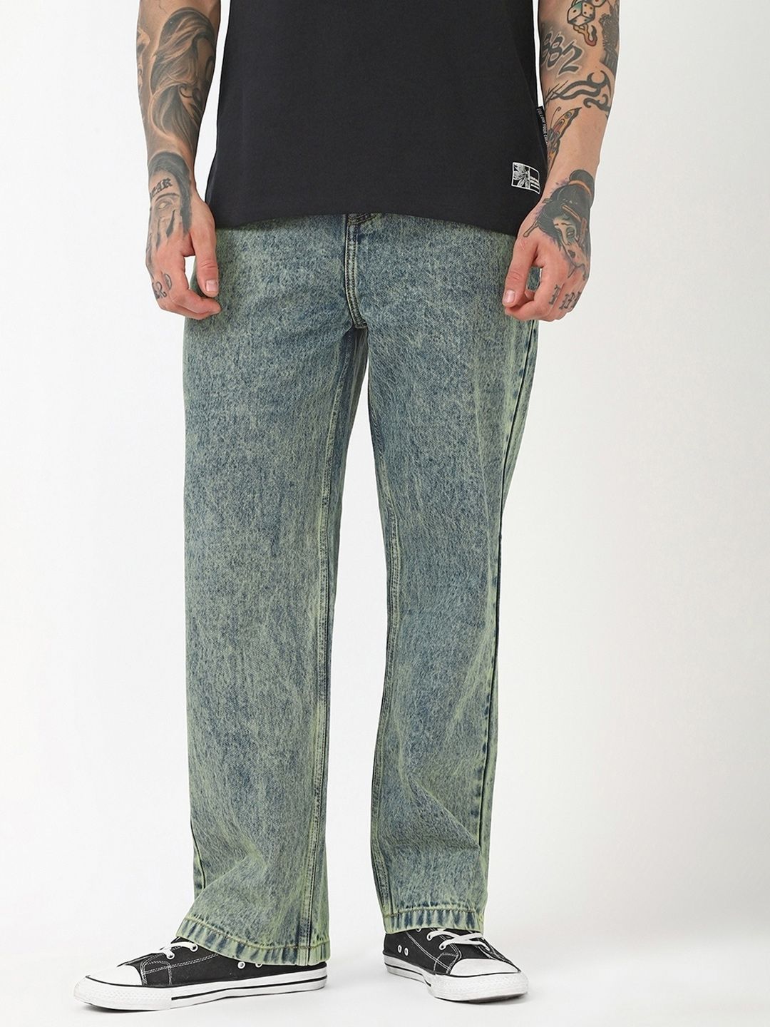 Bewakoof Men Bluish Green Washed Straight Fit Jeans