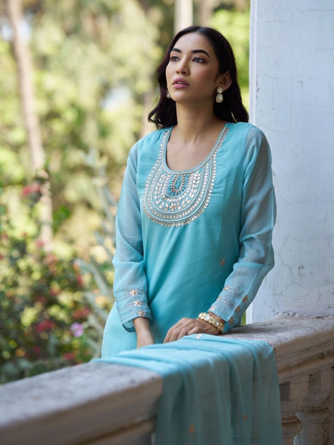 House of Pataudi Embroidered Long Sleeves Kurta & Palazzos With Dupatta