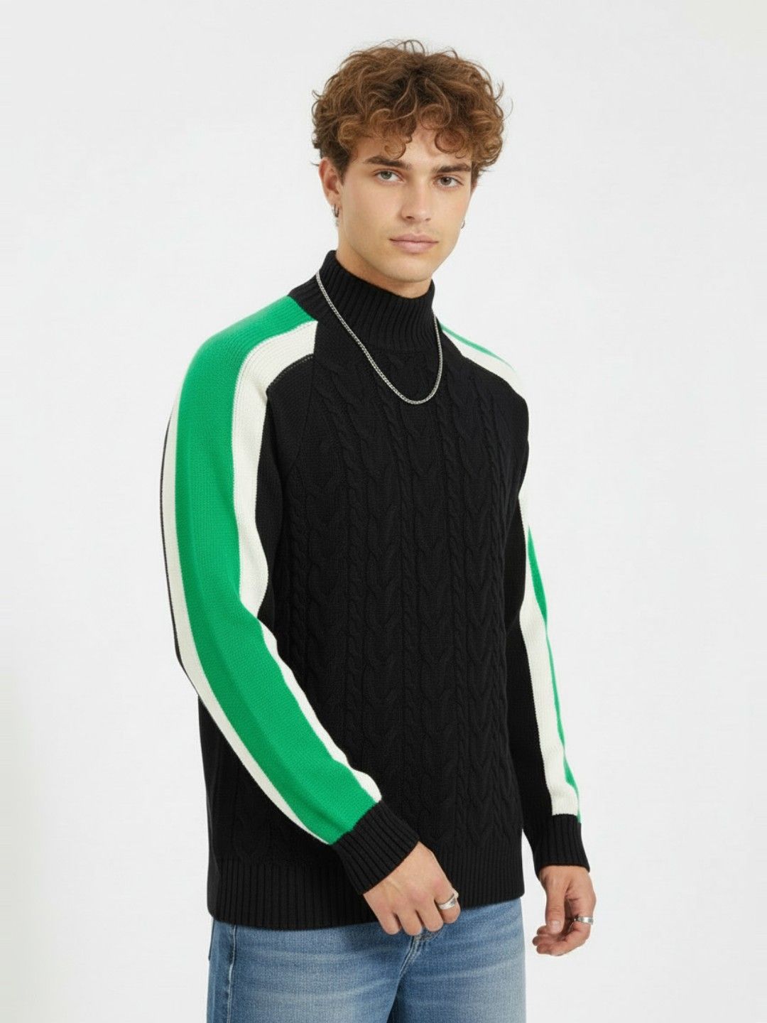 glitchez Cable Knit High Neck Relaxed Fit Pullover