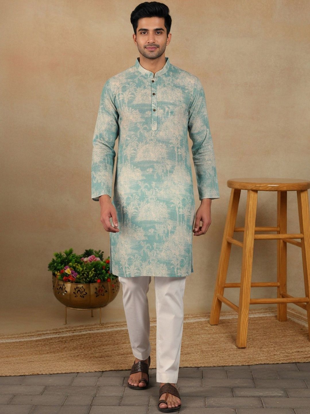 HERE&NOW Men Ethnic Motifs Printed Handloom Kurta