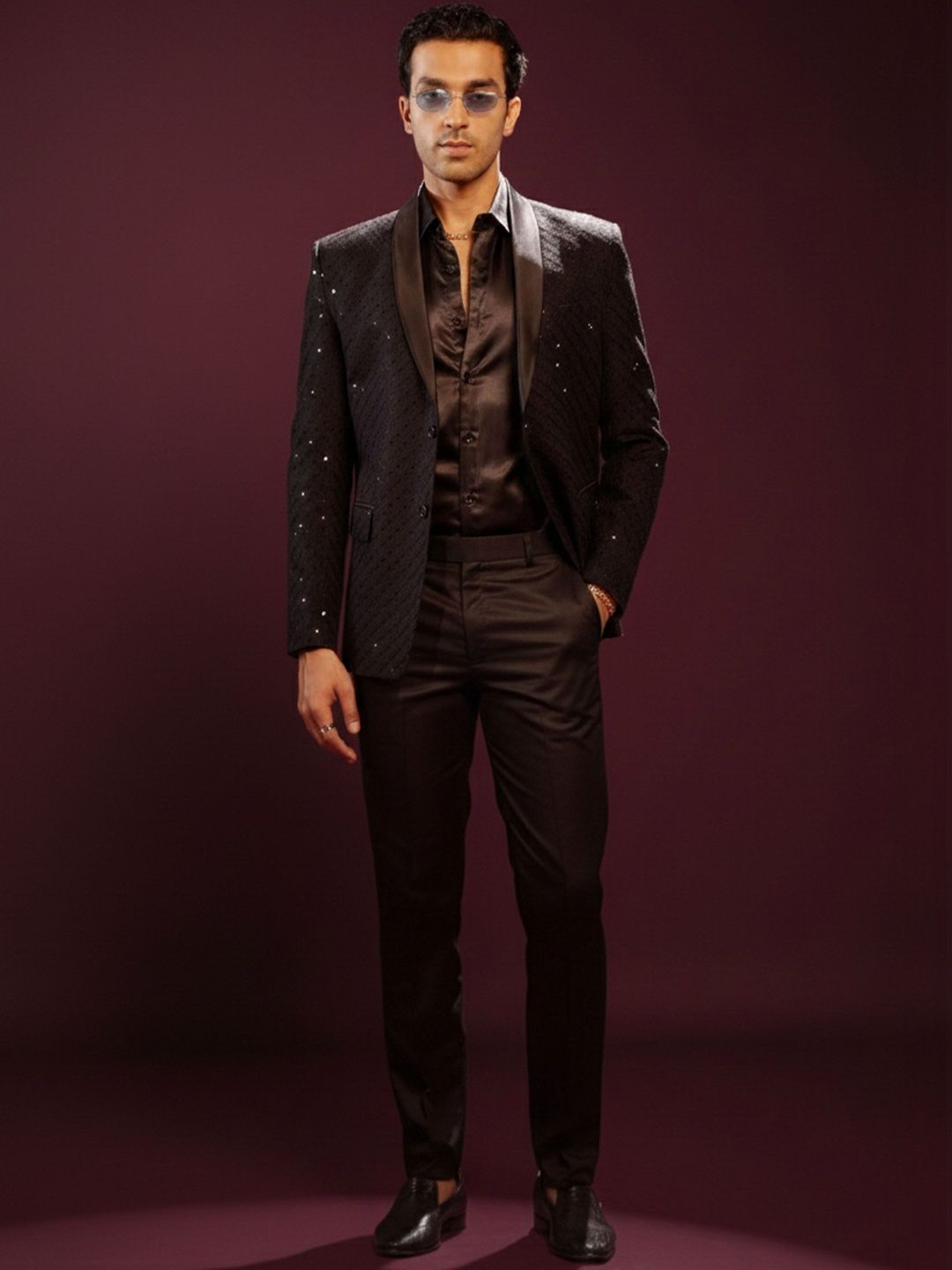 VASTRAMAY VASTRAMAY Self Design Shawl Collar Single-Breasted Slim Fit Party Blazers