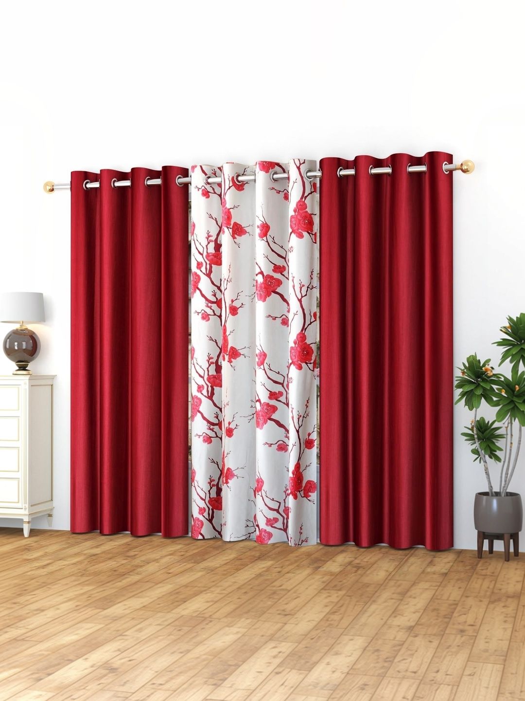 Yarnis Yarnis Maroon Set of 3 Floral Long Door Curtain