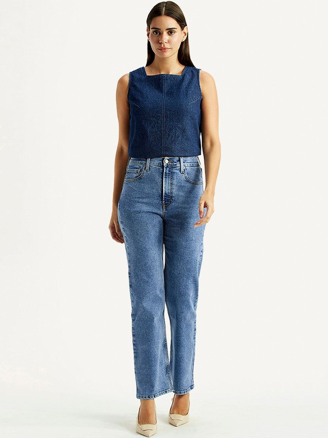 High Rise Ribcage Straight Fit Blue Jeans