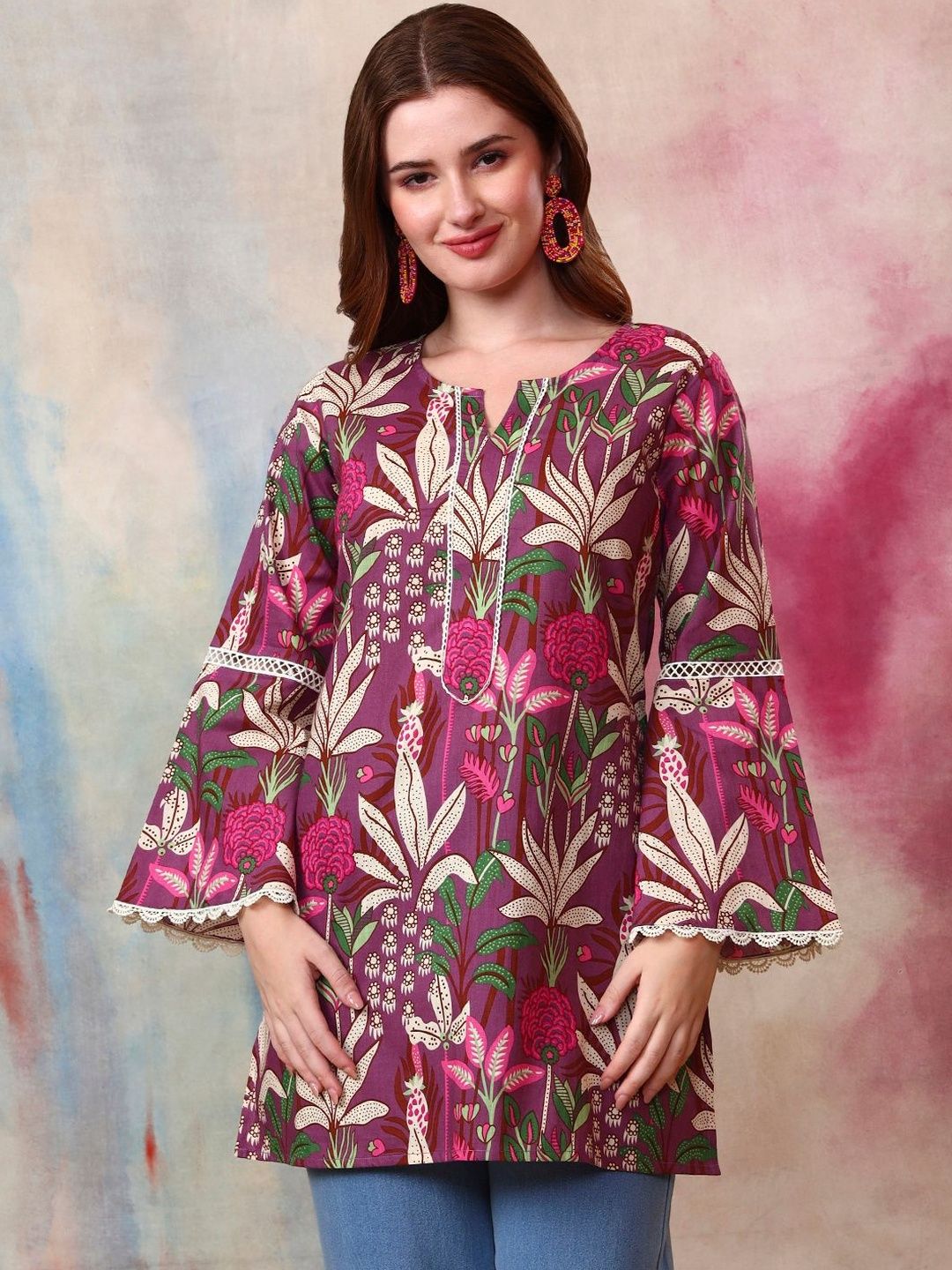 Tissu Botanical Printed V-Neck Pure Cotton Kurti
