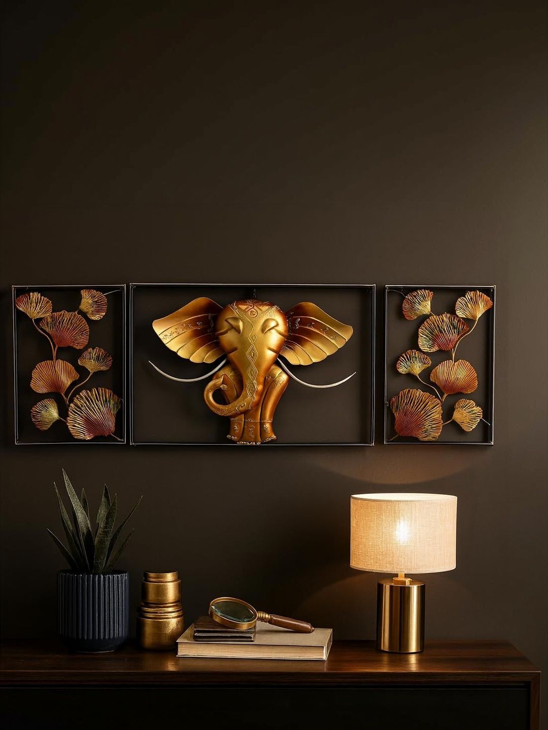 RSN 3Pcs Yellow & Black Textured Metal Elephant & Leaves Wall Hangings