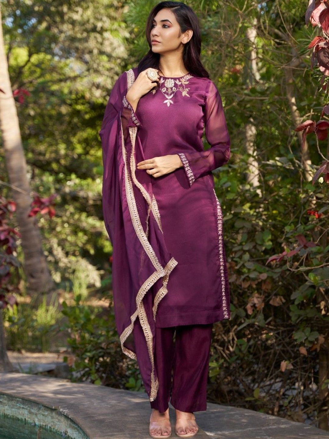 House of Pataudi Embroidered Long Sleeves Kurta & Palazzos With Dupatta