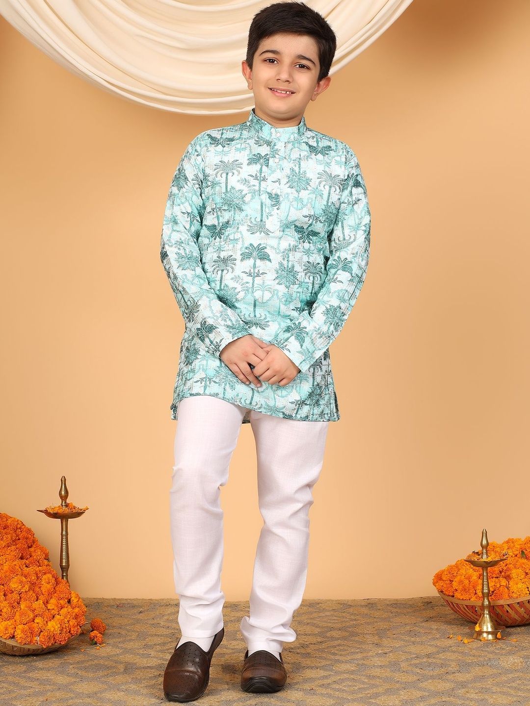 Sangria Boys Zari Embroidered Botanical Printed Mandarin Collar Straight Kurta & Pyjamas