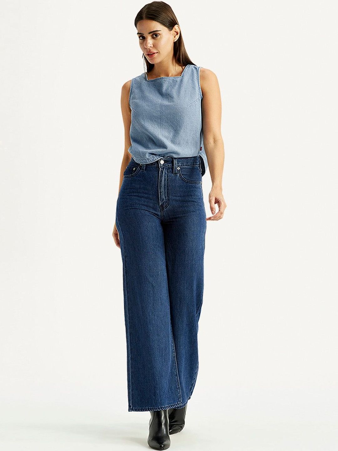 High Rise Ribcage Wideleg Fit Dark-Blue Jeans