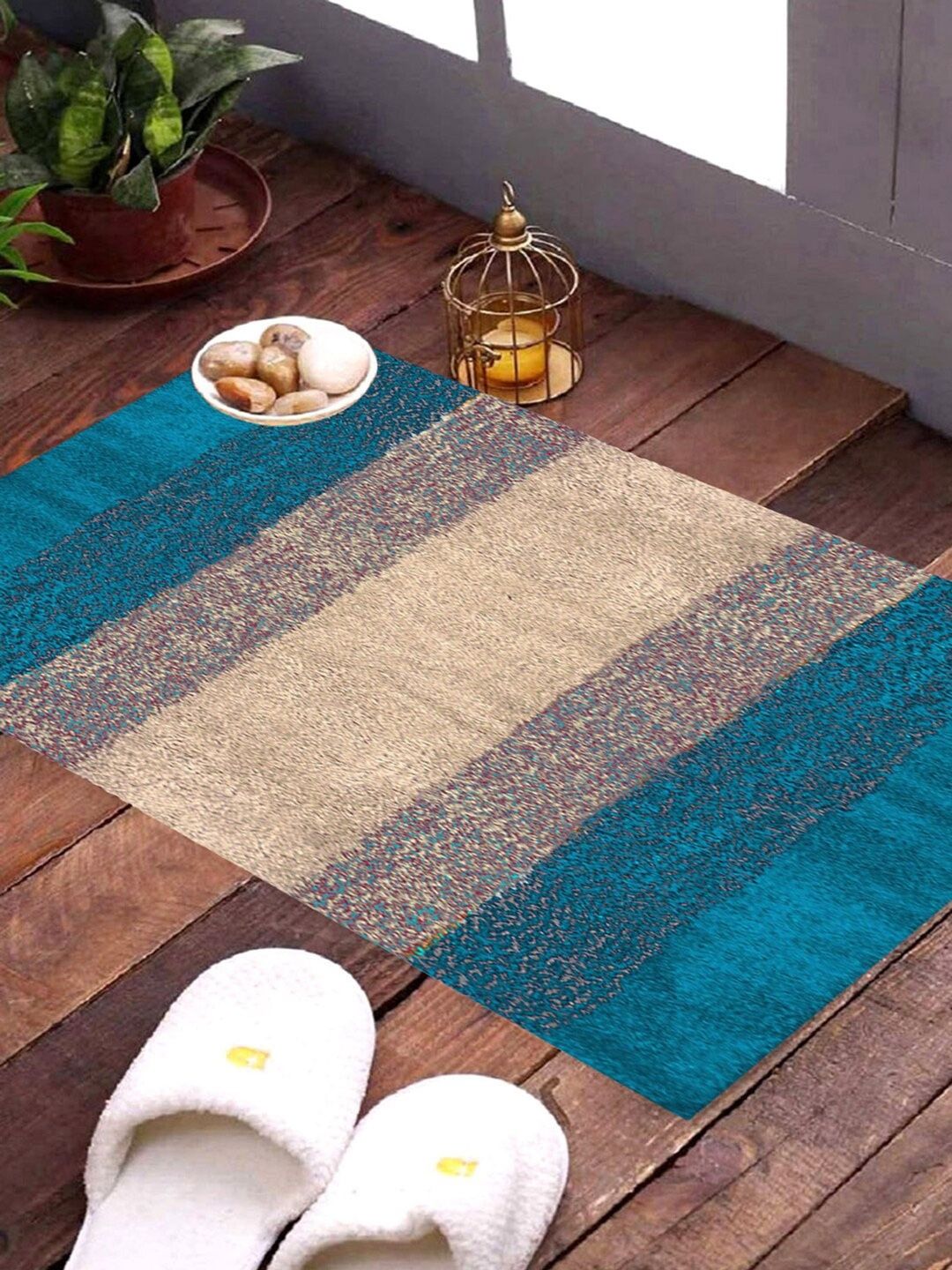 HOMESTIC 2Pc Green & Beige Soft Shaggy Super Absorbent Anti-Skid Rectangular Doormats
