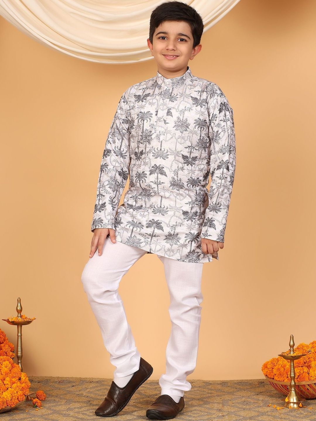 Sangria Boys Zari Embroidered Botanical Printed Mandarin Collar Straight Kurta & Pyjamas
