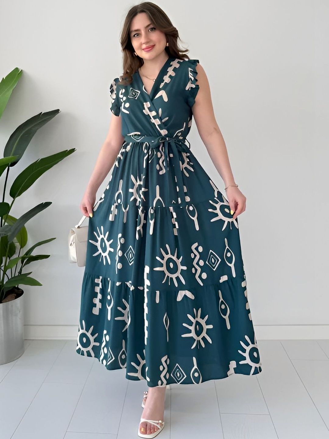 ZWERLON Tribal Print Ruffled Fit & Flare Midi Dress