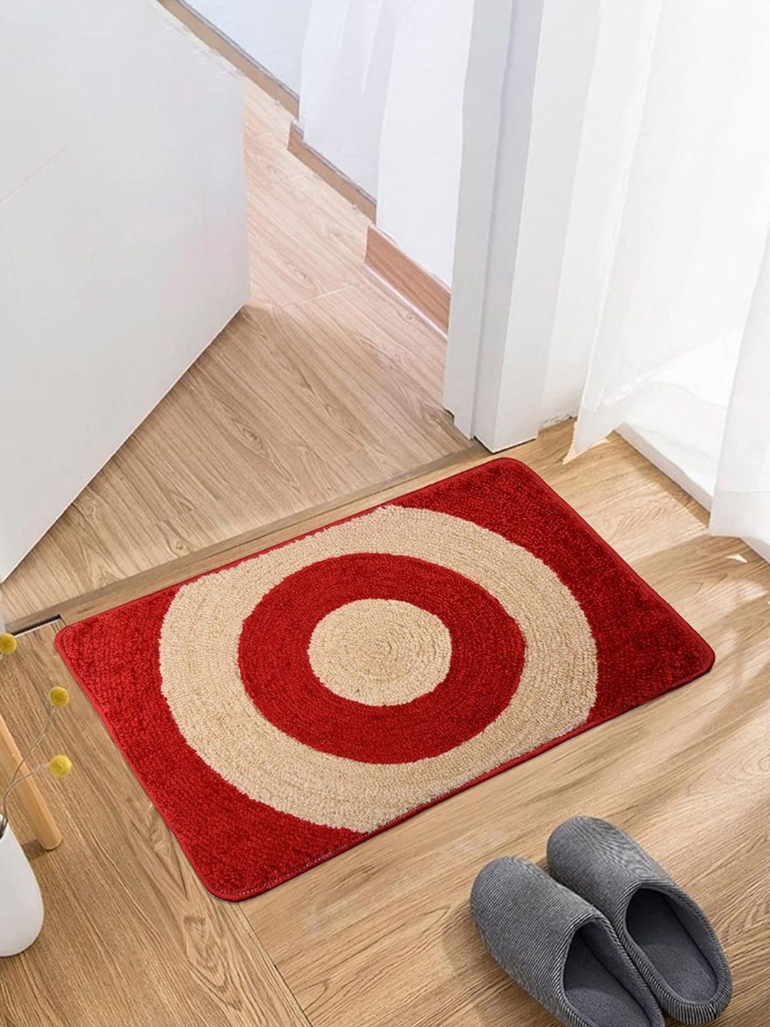 HOMESTIC Red & Beige Patterned Velvet Anti-Skid Rectangular Doormats