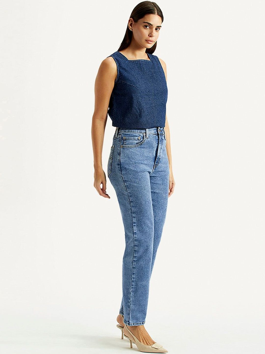 High Rise Ribcage Straight Fit Blue Jeans