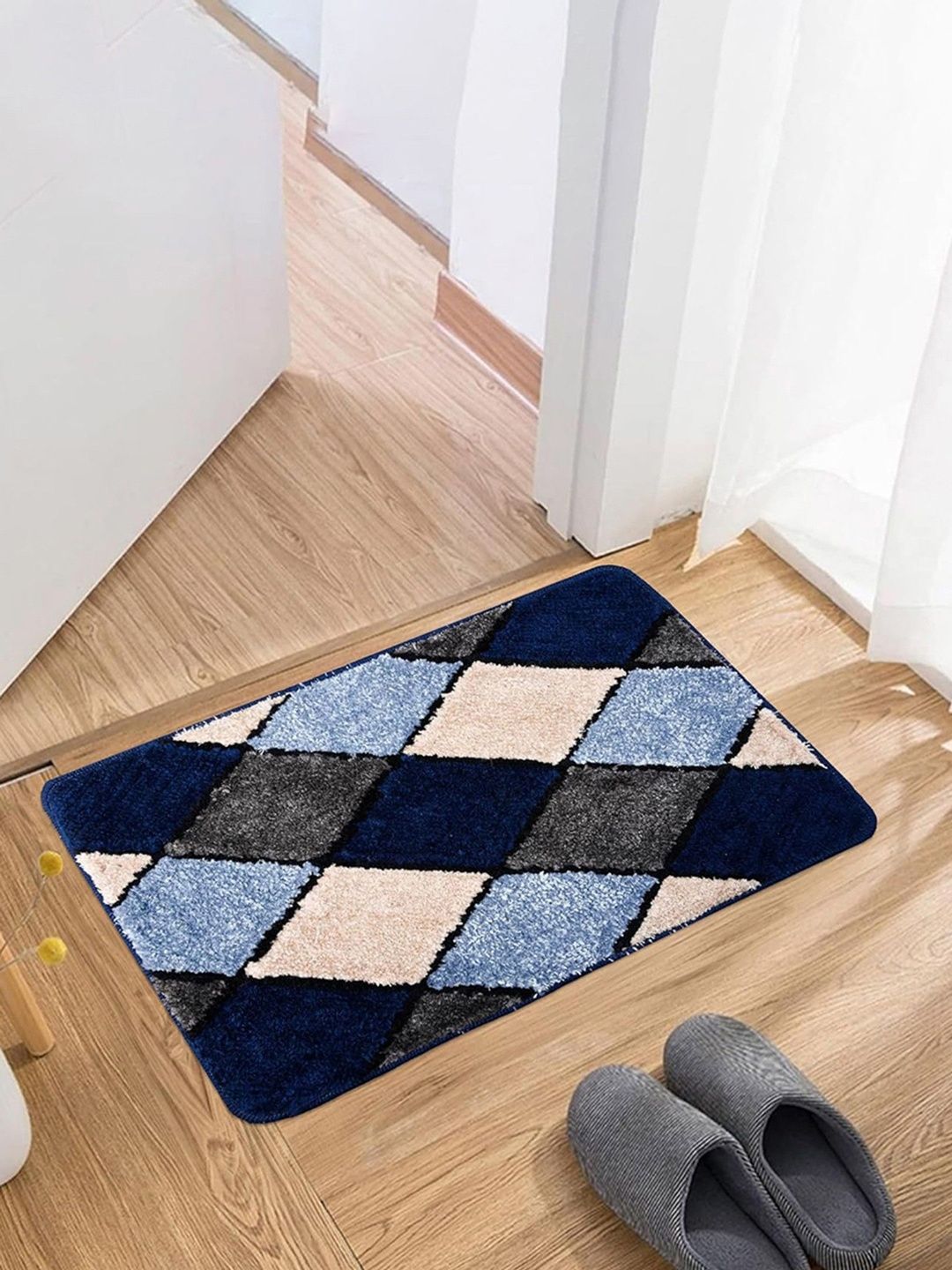HOMESTIC Blue & Black Patterned Velvet Anti-Skid Rectangular Doormats