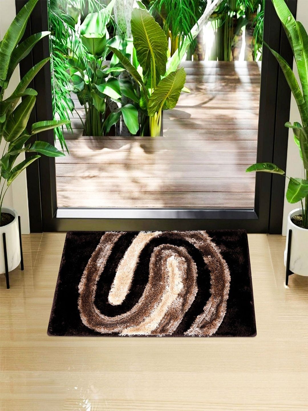 HOMESTIC Black & Beige Patterned Anti-Skid Rectangular Doormats