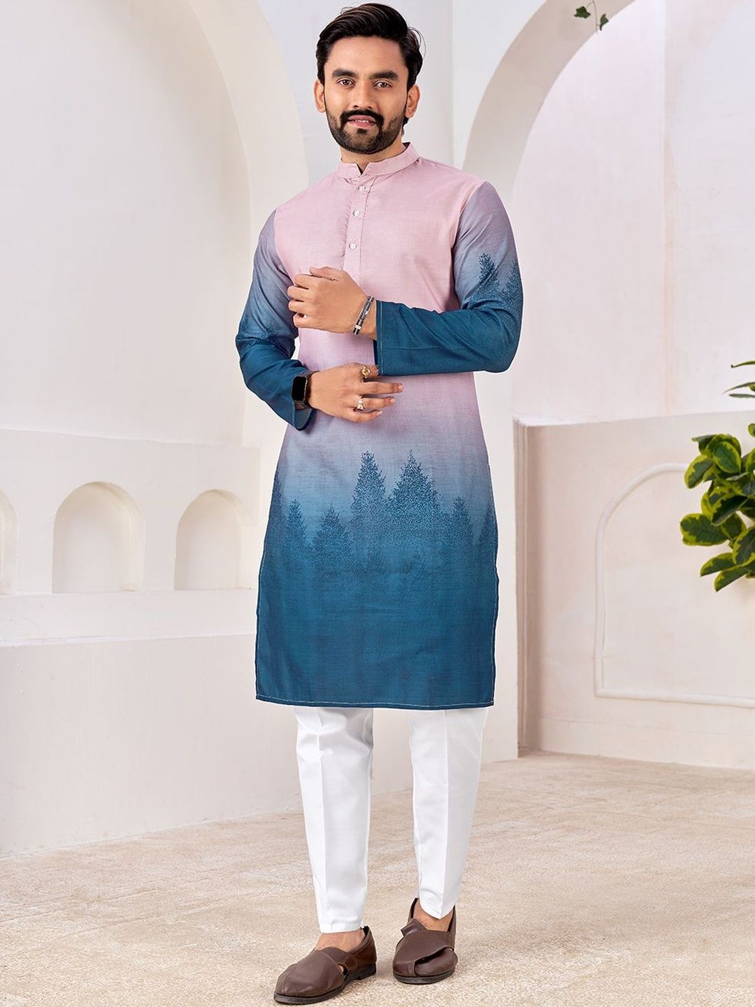 House of Pataudi Printed Pure Cotton Mandarin Collar Knee Length Straight Kurta