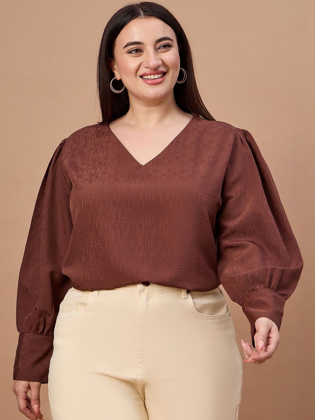 Style Quotient Plus Size Women Brown Bishop Sleeves Formal Texture Top