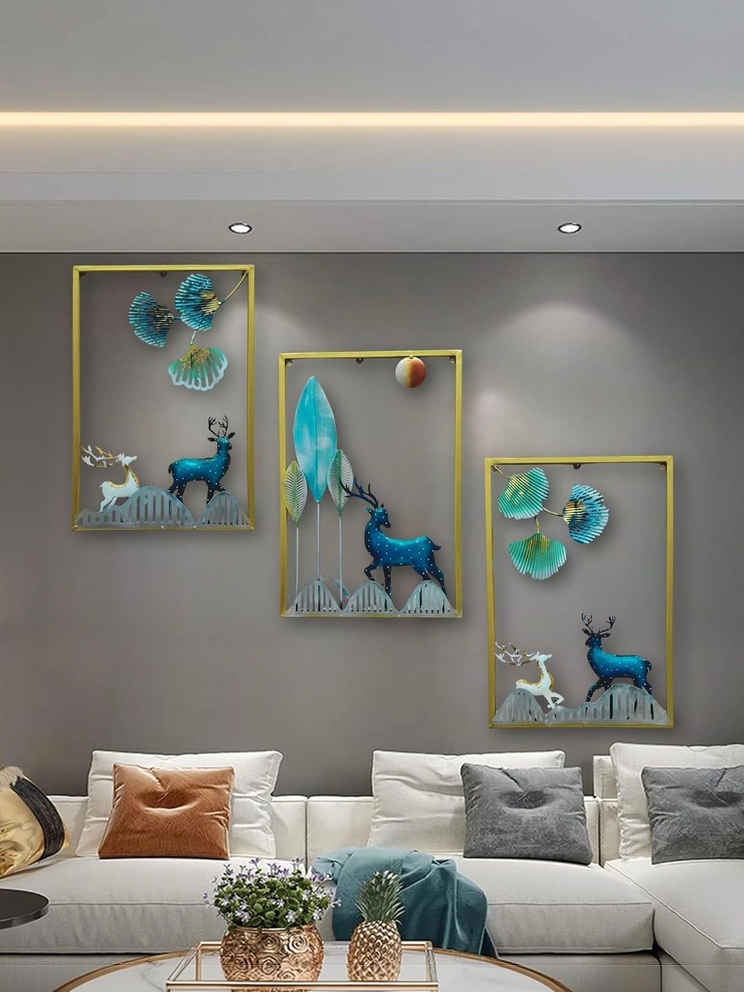 RSN 3Pcs Yellow & Blue Textured Metal Deer & Leaf Wall Hangings
