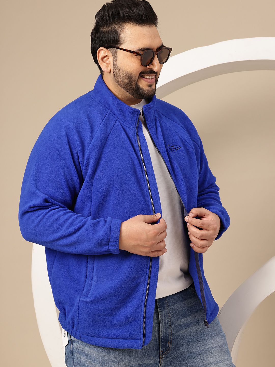 Sztori Plus Size Brand Logo Embroidered Mock Collar Fleece Bomber Jacket