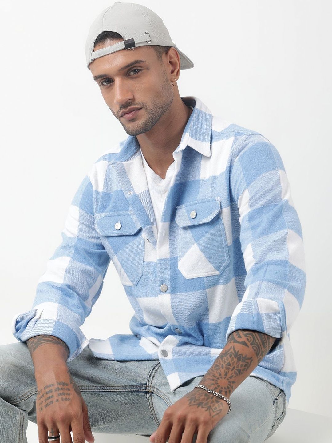 SHOWOFFFF SHOWOFFFF Checked Cotton Shacket With Chest Pockets