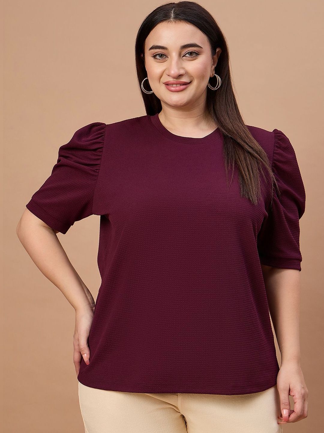 Style Quotient Plus Size Women Maroon Puff Sleeve Top