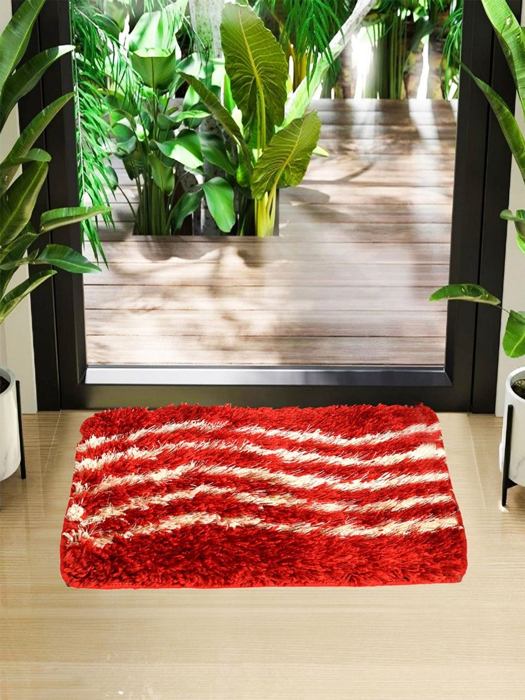 HOMESTIC Red & Cream-Colored Patterned Anti-Skid Rectangular Doormats
