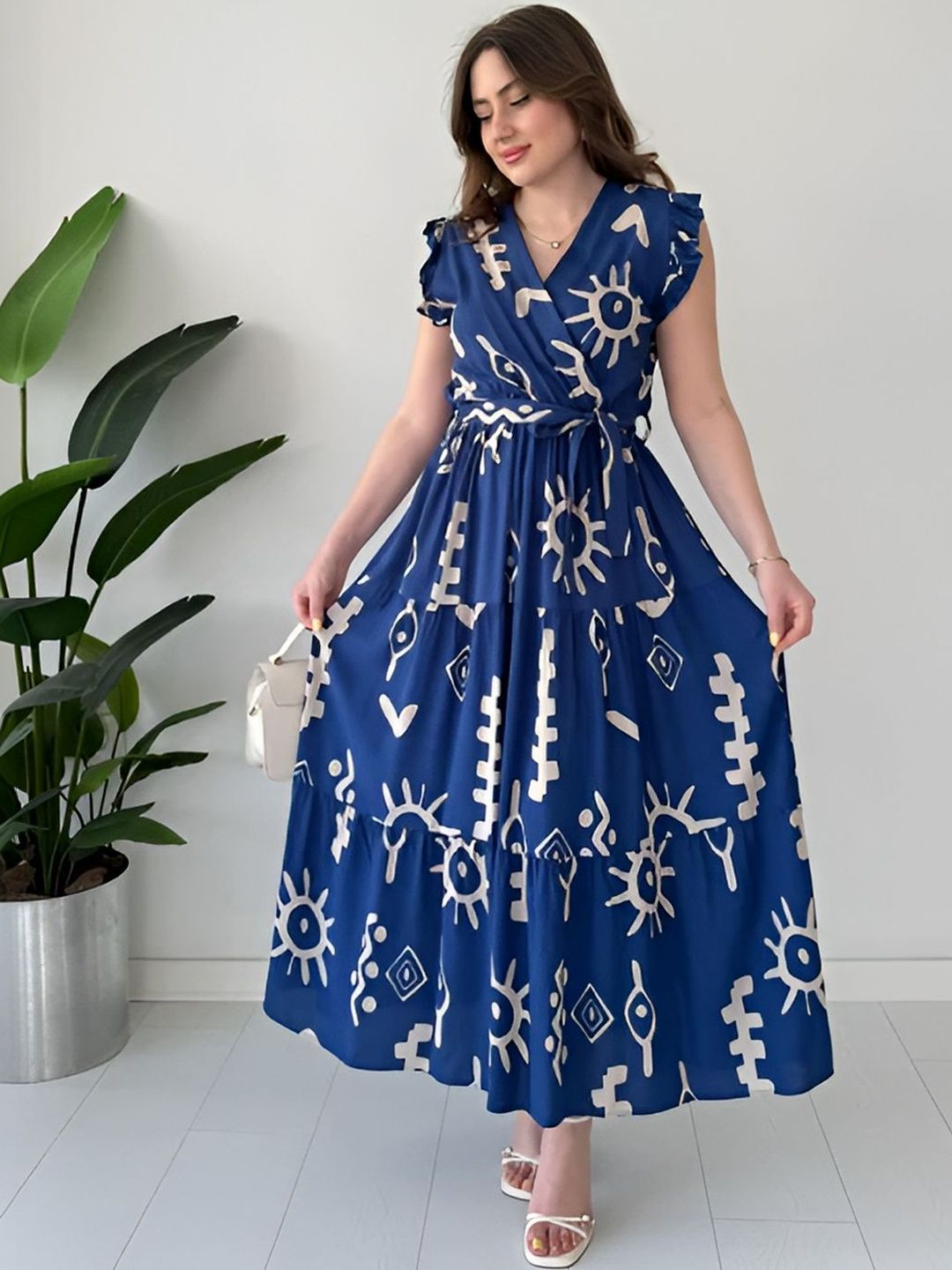 ZWERLON Print Flutter Sleeve Maxi Dress