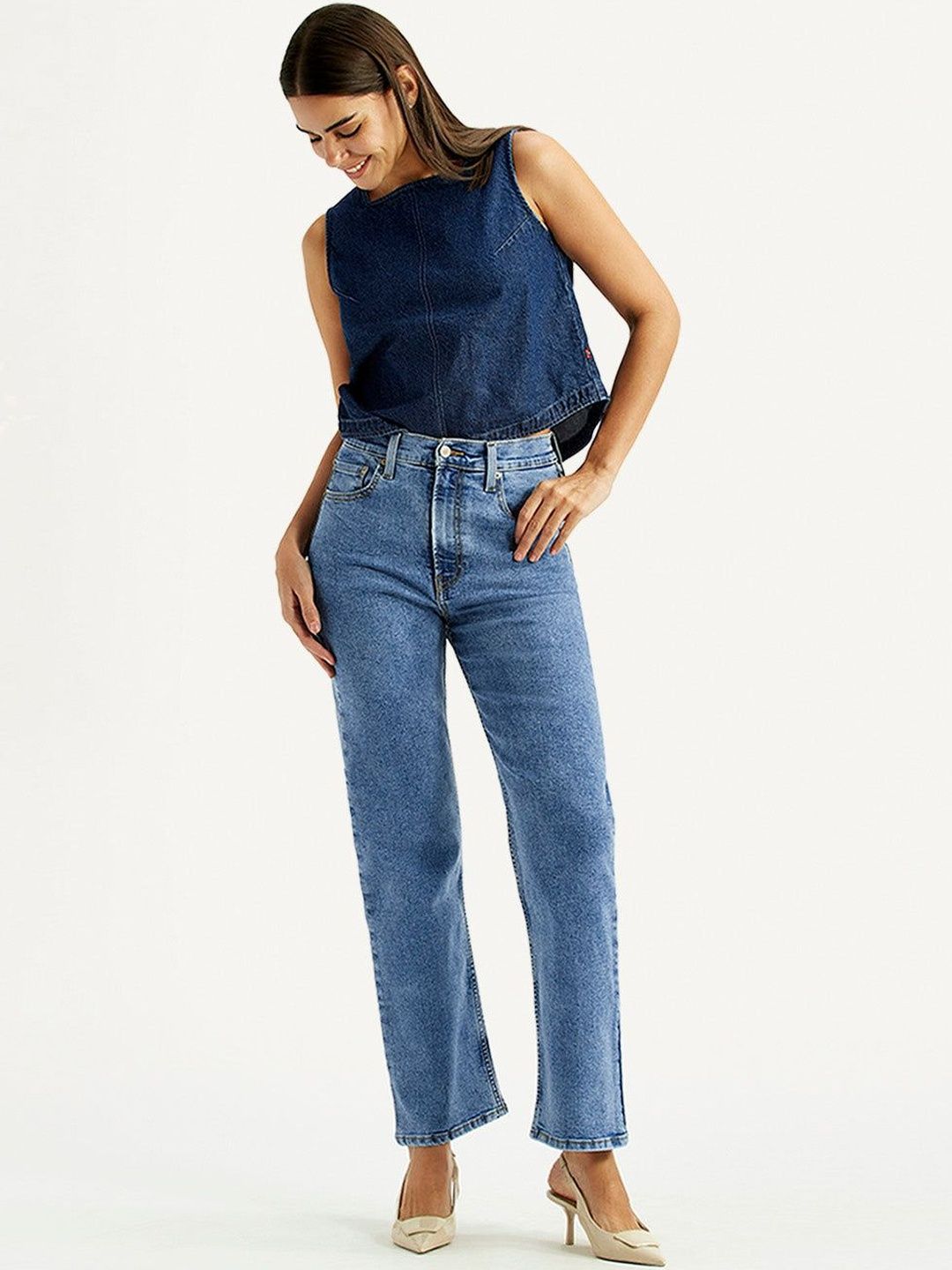 High Rise Ribcage Straight Fit Blue Jeans