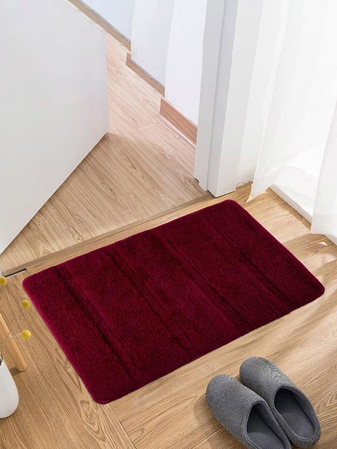 HOMESTIC Maroon Patterned Velvet Anti-Skid Rectangular Doormats
