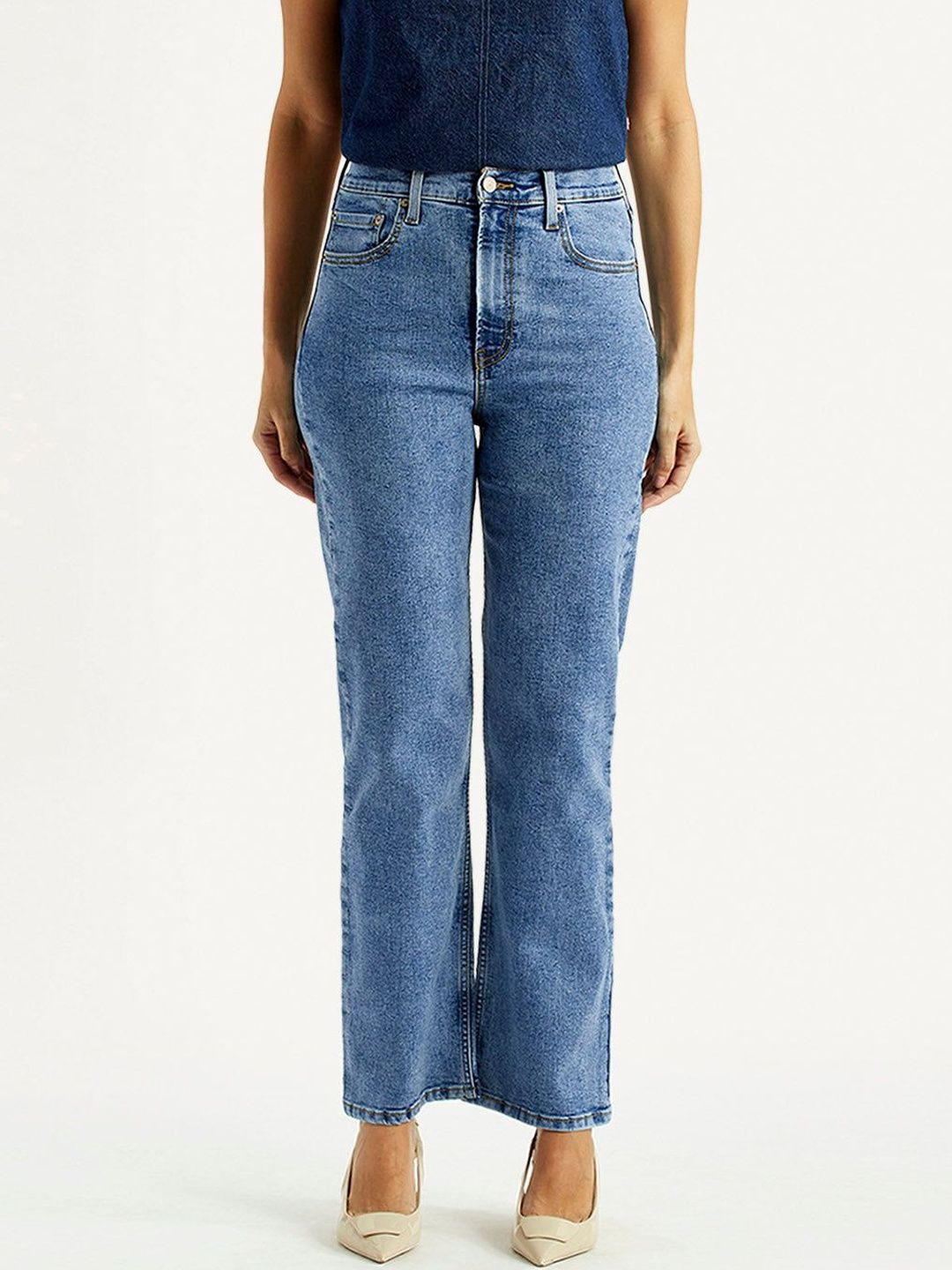 High Rise Ribcage Straight Fit Blue Jeans