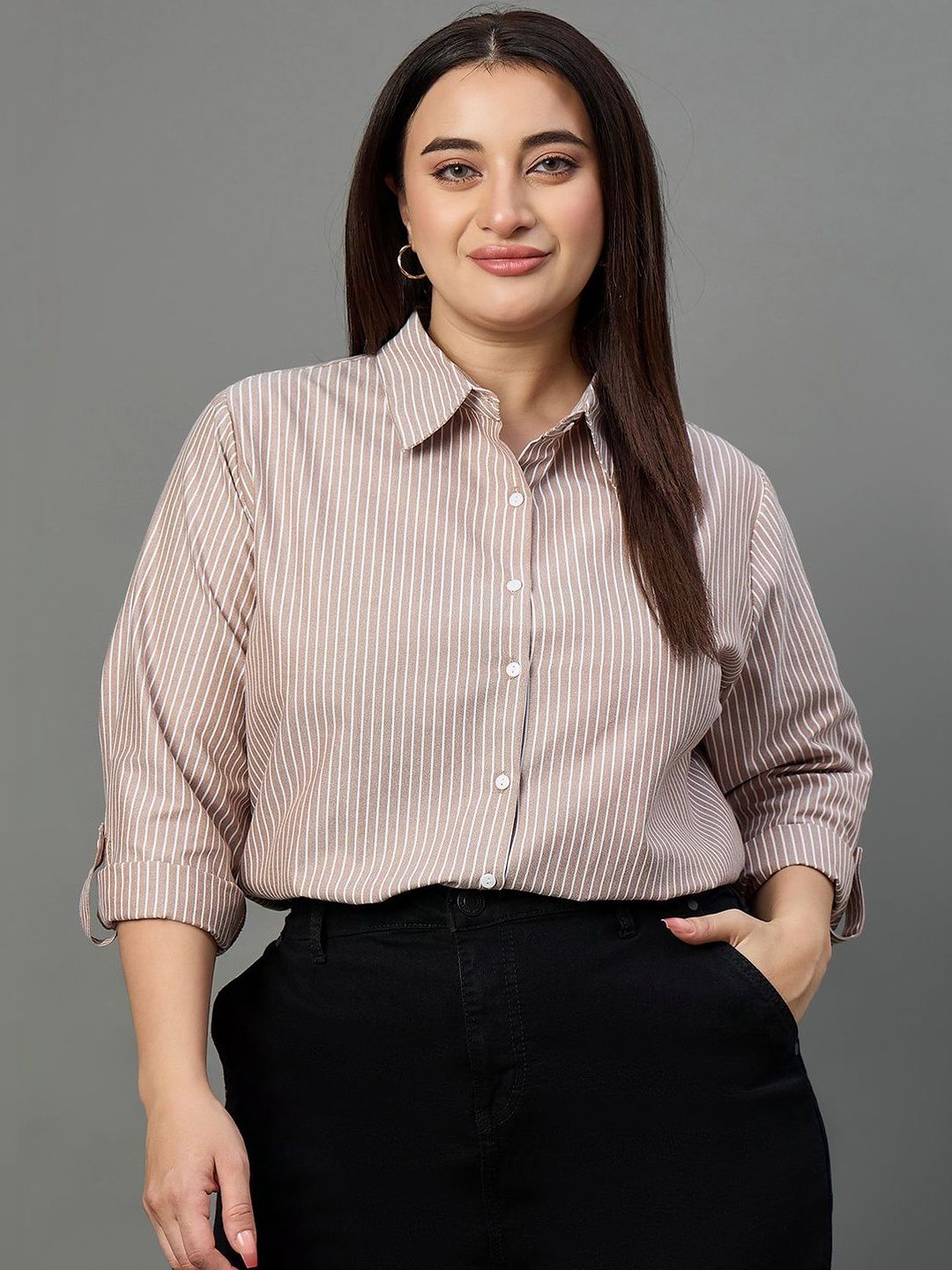 Style Quotient Plus Size Women White Striped formal Shirt