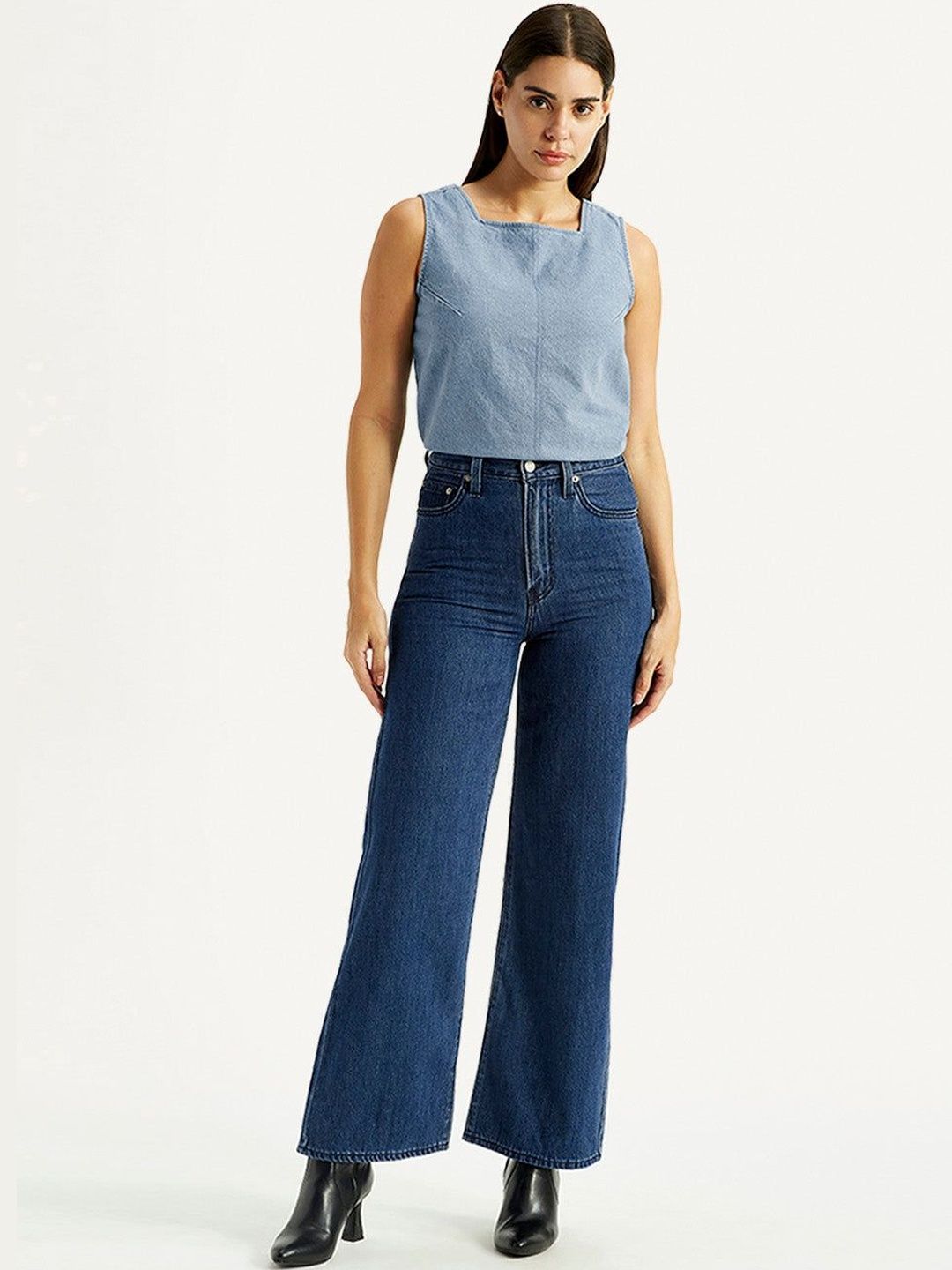 High Rise Ribcage Wideleg Fit Dark-Blue Jeans