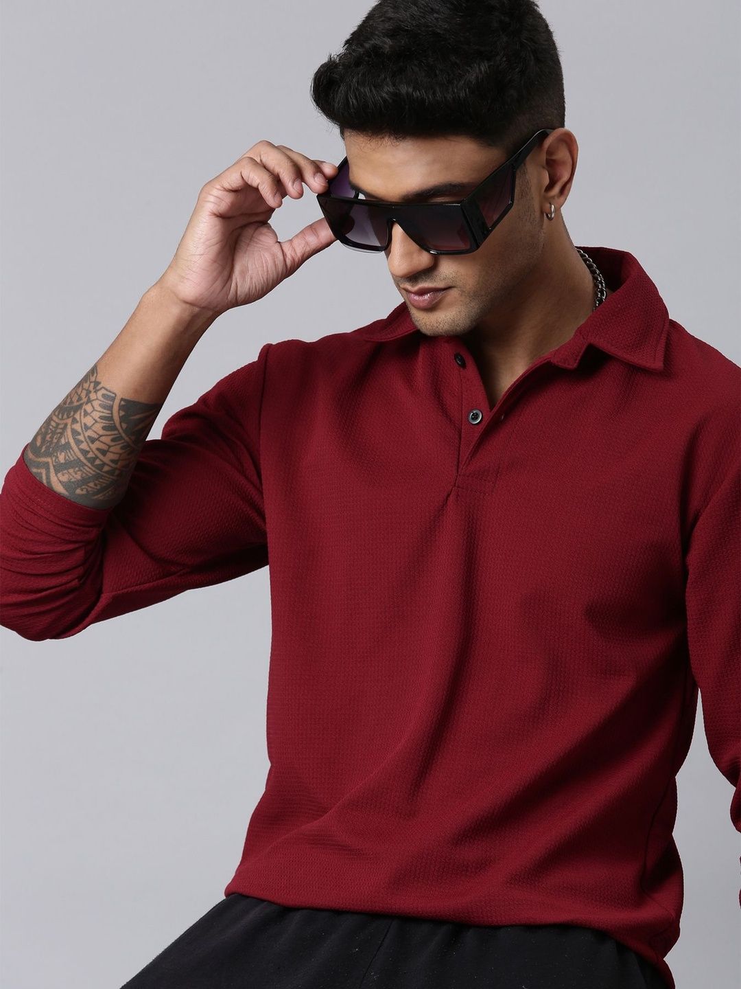 LEWEL Men Textured Buttoned Long Sleeves Polo Collar T-shirt