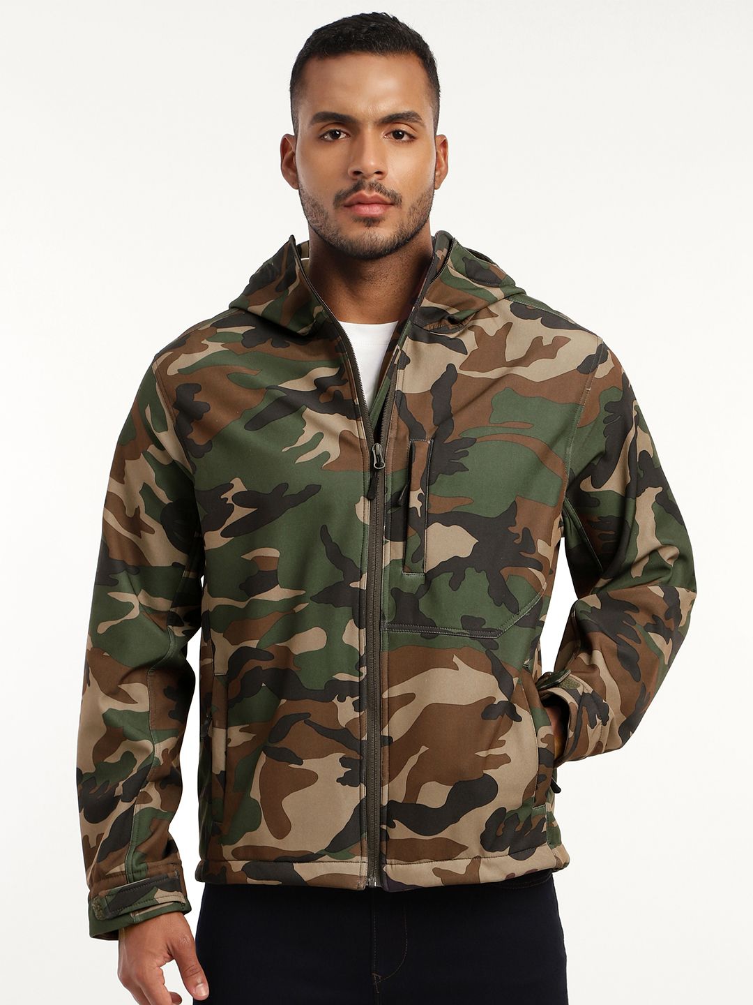 MOUNTMILLER Men's Full Sleeve Hooded Neck Woodland DWR Tactical Soft Shell Jacket