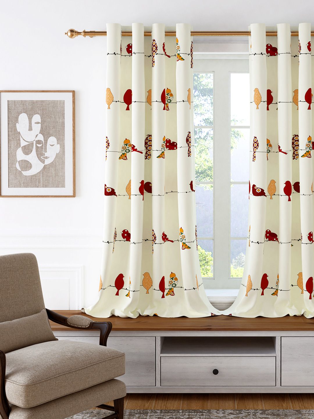 Printed Window Curtain Story@home White & Red Printed Room Darkening Window Curtain