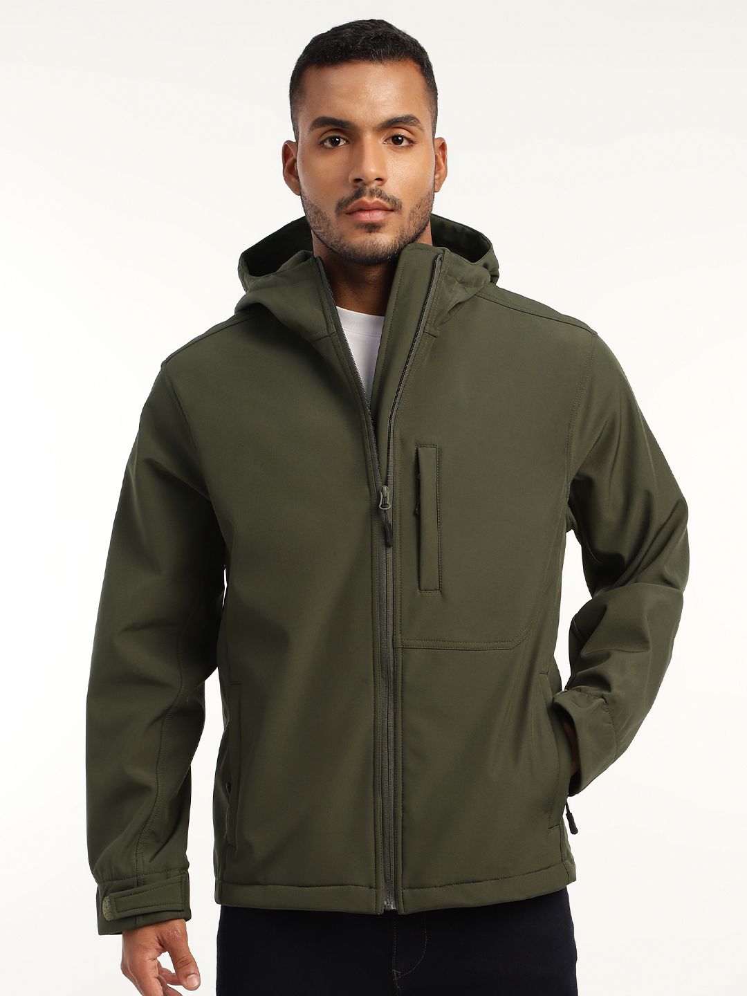 MOUNTMILLER Men's Full Sleeve Hooded Neck Olive Green DWR Tactical Soft Shell Jacket