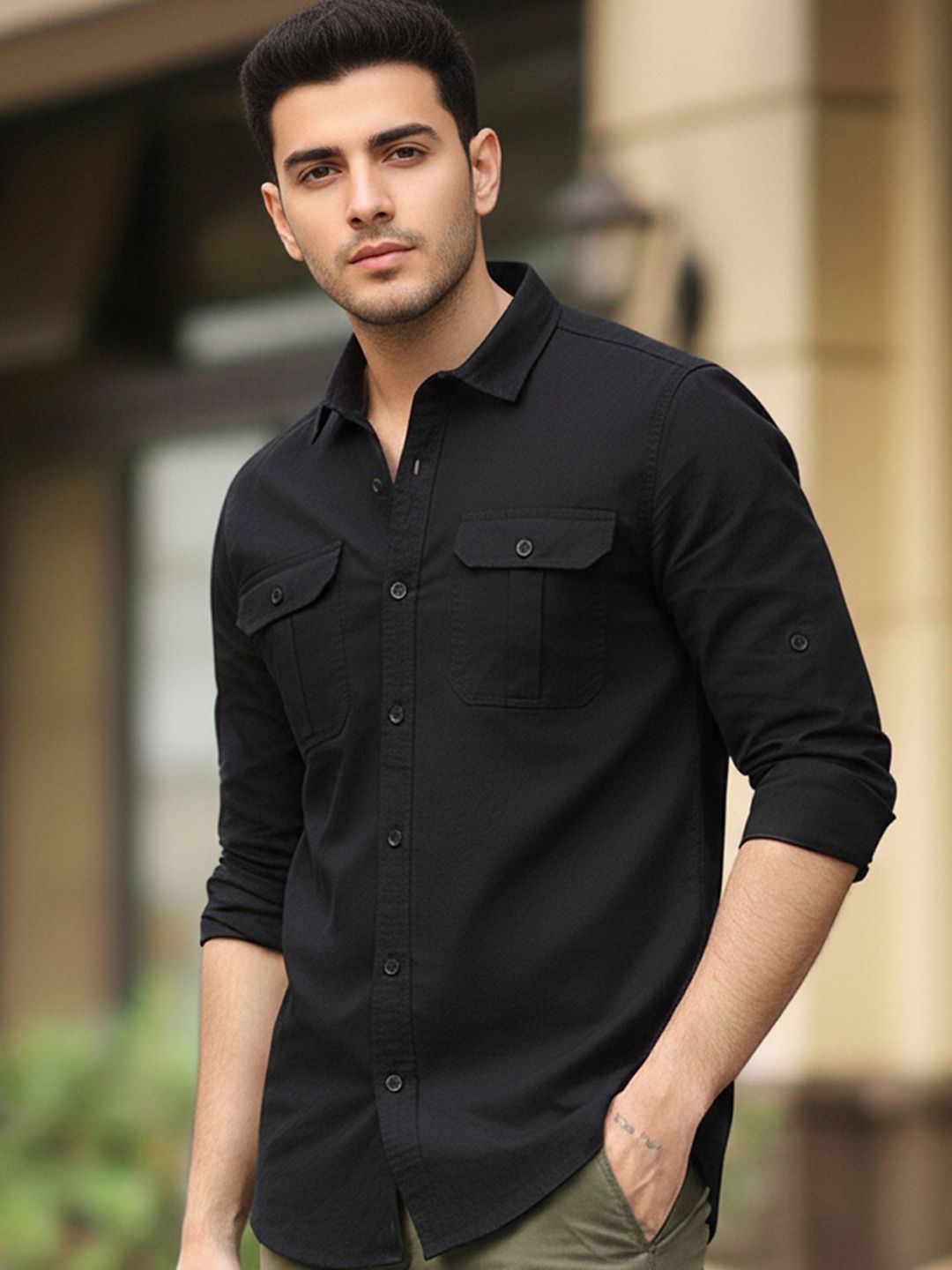 Urbano Fashion Men Spread Collar Solid Cotton Casual Shirt