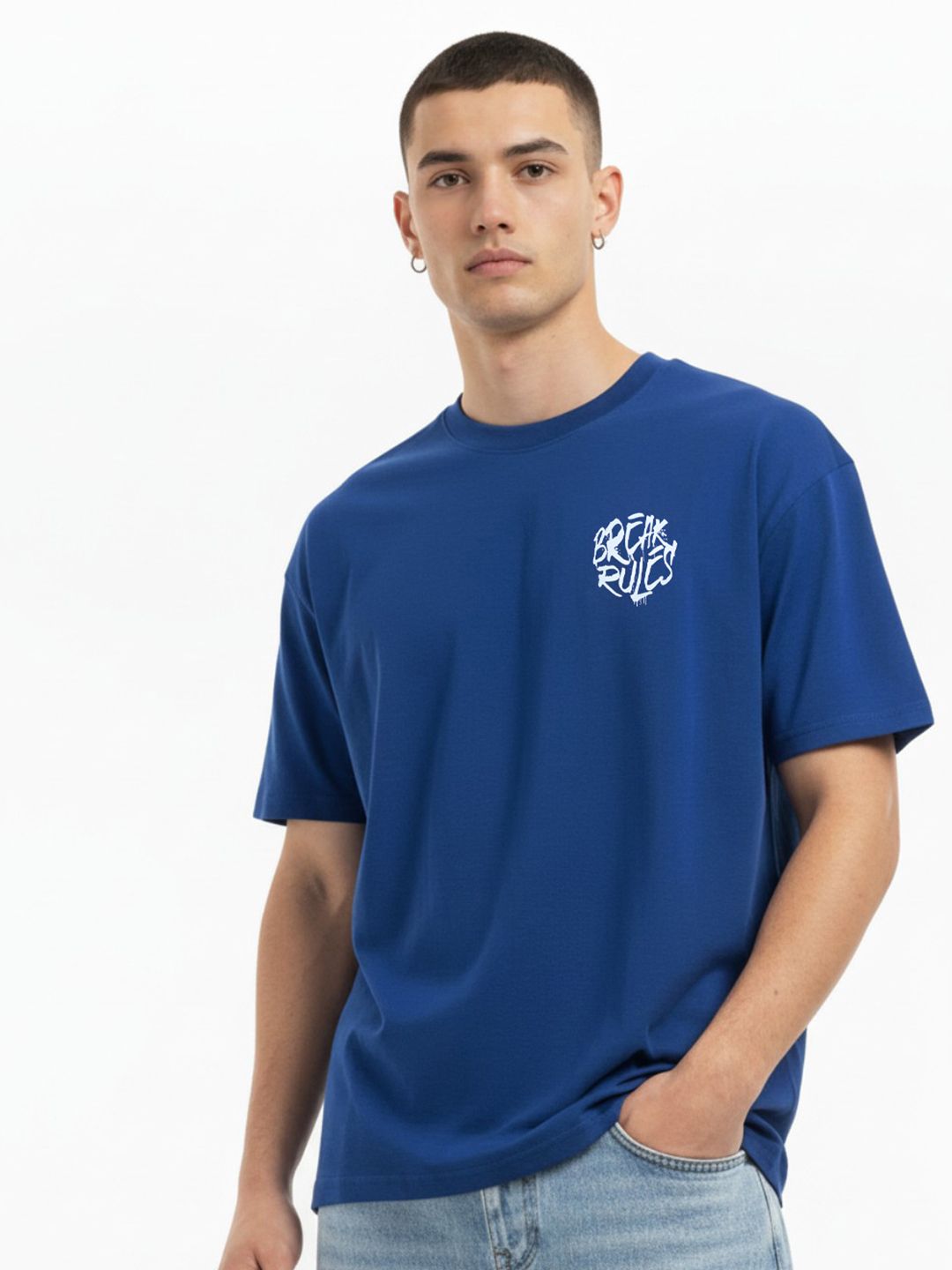 Glitchez Men Typography Printed Round Neck Drop Shoulder Pure Cotton Relaxed Fit T-shirt