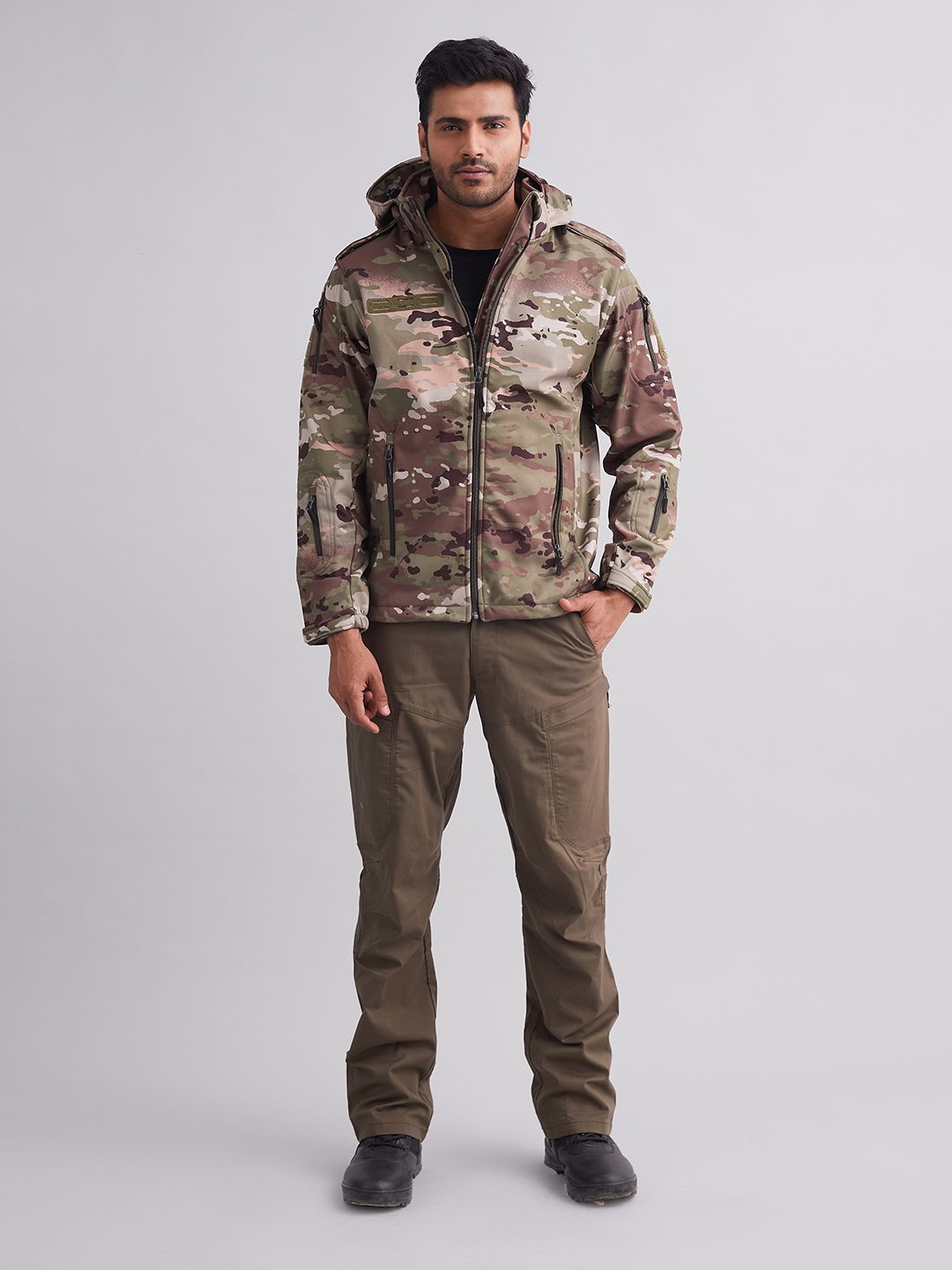 MOUNTMILLER Men's Camouflage 12 Zipper Soft Shell Hooded Tactical Jacket