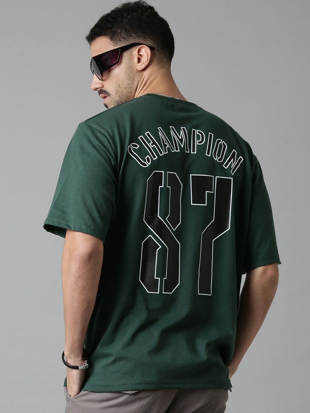 LEWEL Men Typography Printed Round Neck Short Sleeves Oversized T-shirt