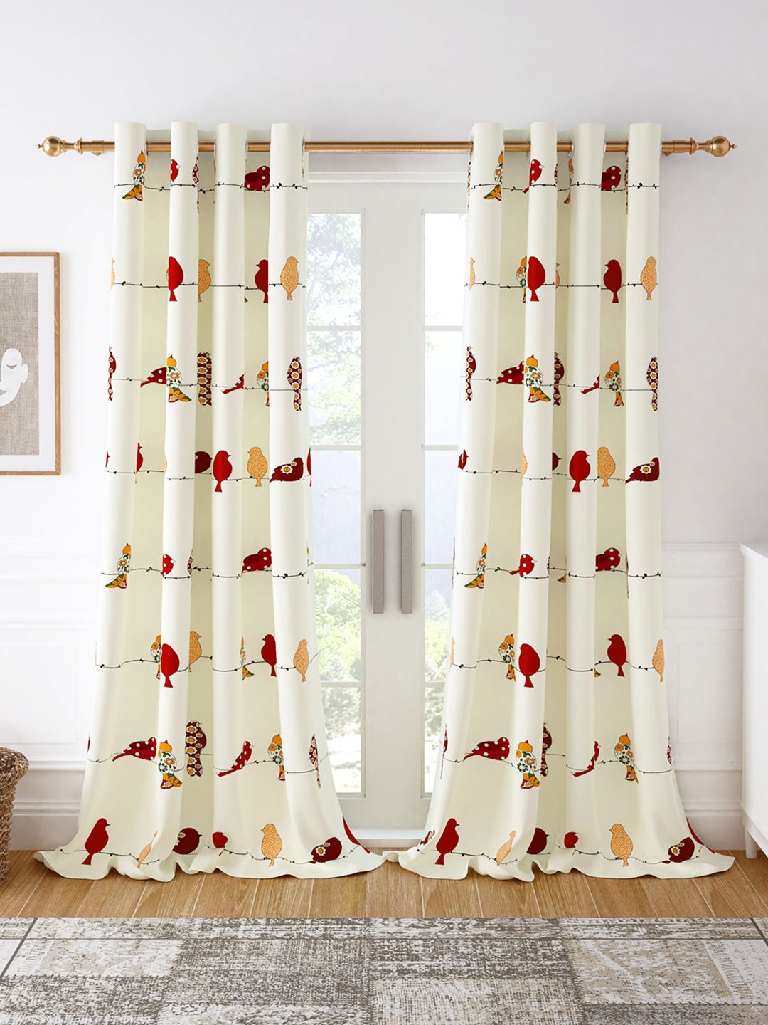 Story@home Story@home White & Red Set of 2 Quirky Cotton Room Darkening Door Curtain