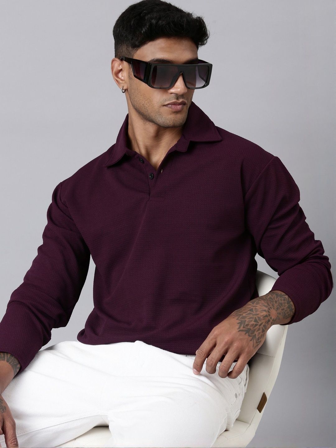 LEWEL Men Textured  Polo Collar T-shirt