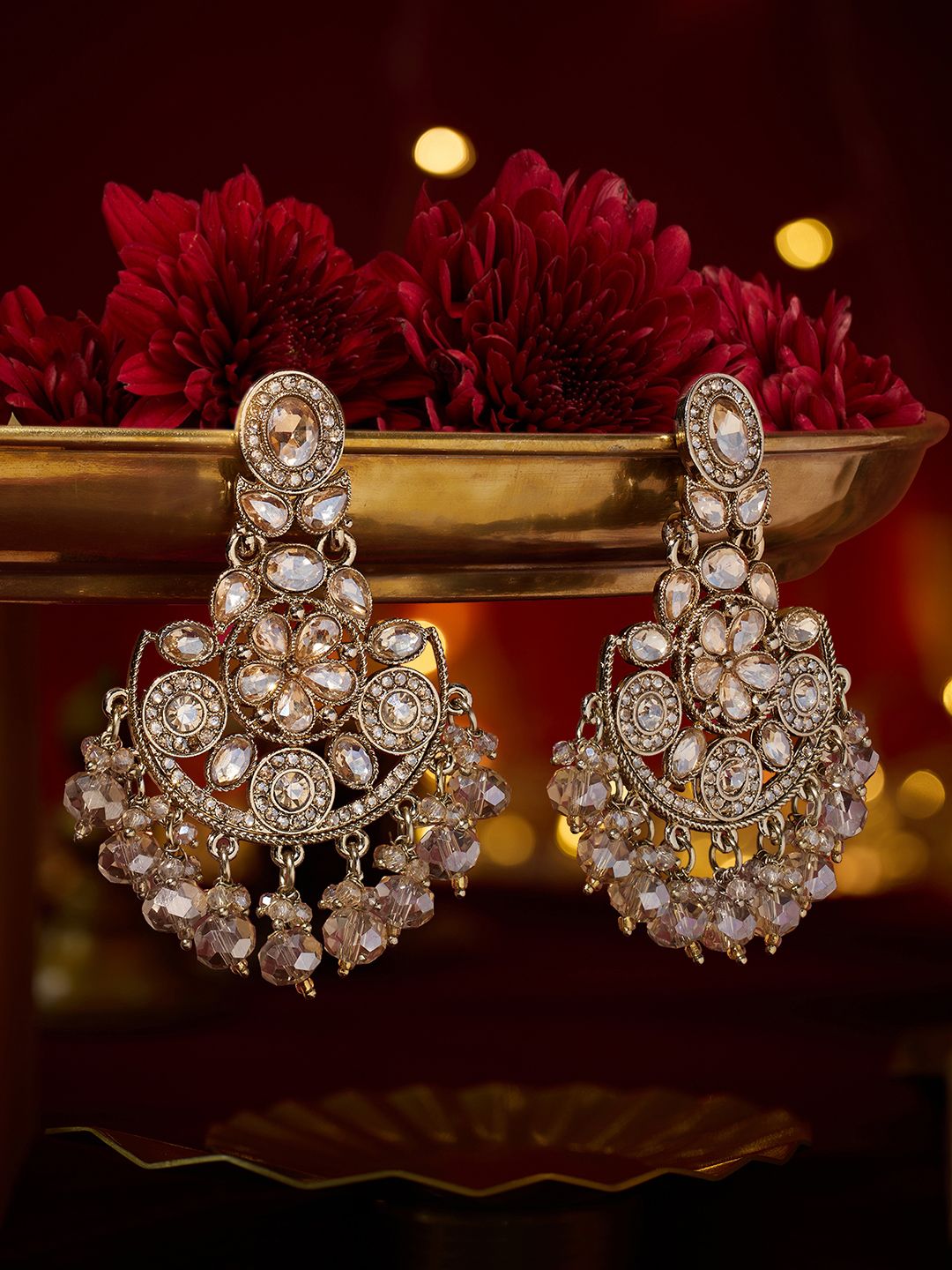 Zaveri Pearls Gold-Plated Artificial Stones Studded & Pearls Beaded Floral Drop Earrings