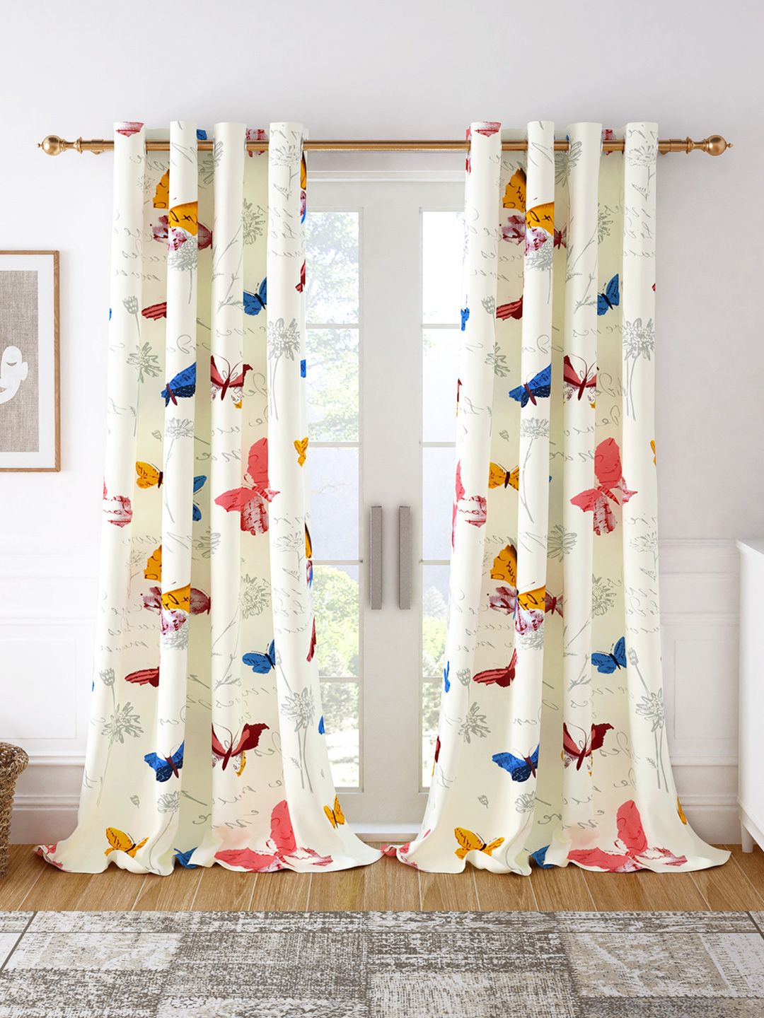 Story@home Story@home Set of 2 White & Blue Floral Room Darkening Door Curtain