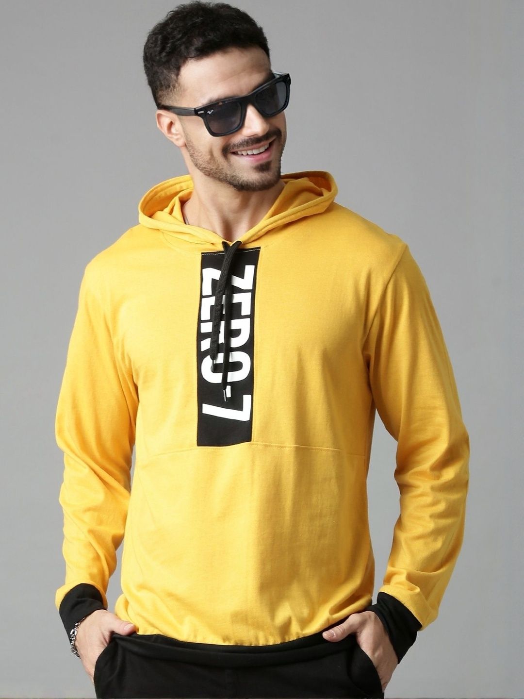 LEWEL Men Typography Printed Hooded Cotton T-shirt