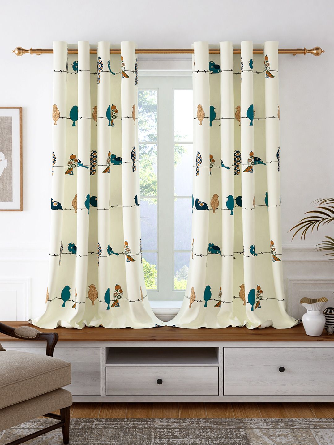 Story@home Story@home White & Teal Set of 2 Quirky Cotton Room Darkening Window Curtain