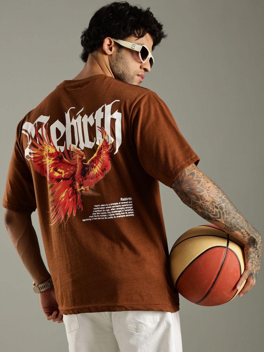 LEWEL Men Printed Round Neck Cotton Oversized T-shirt