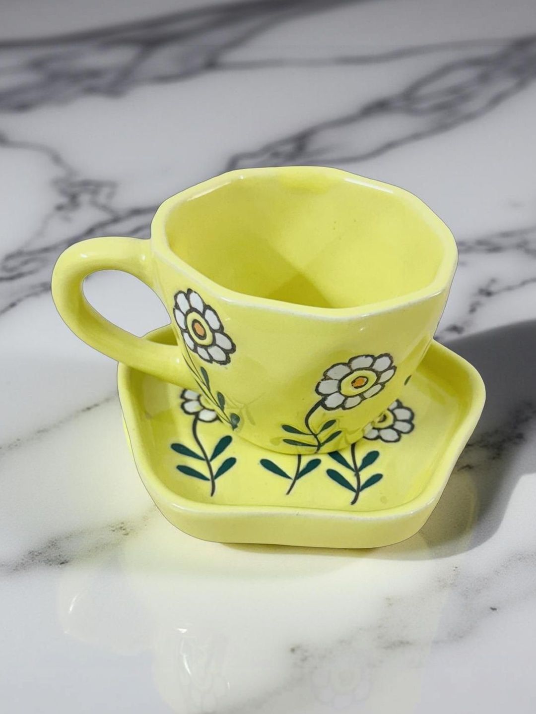 Lupaava Yellow Floral Solid Ceramic Glossy Core Set of Cups and Mugs