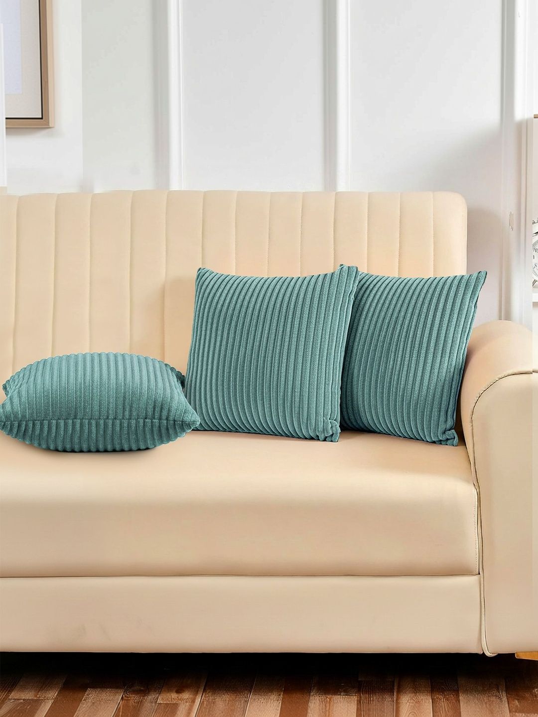 Yellow Weaves Sea Green Set of 3 Square Cushion Covers